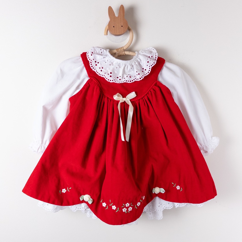 Vintage 90s Baby Togs 2pc Dress Set Red White Velvet Floral Eyelet Lace Baby 18M